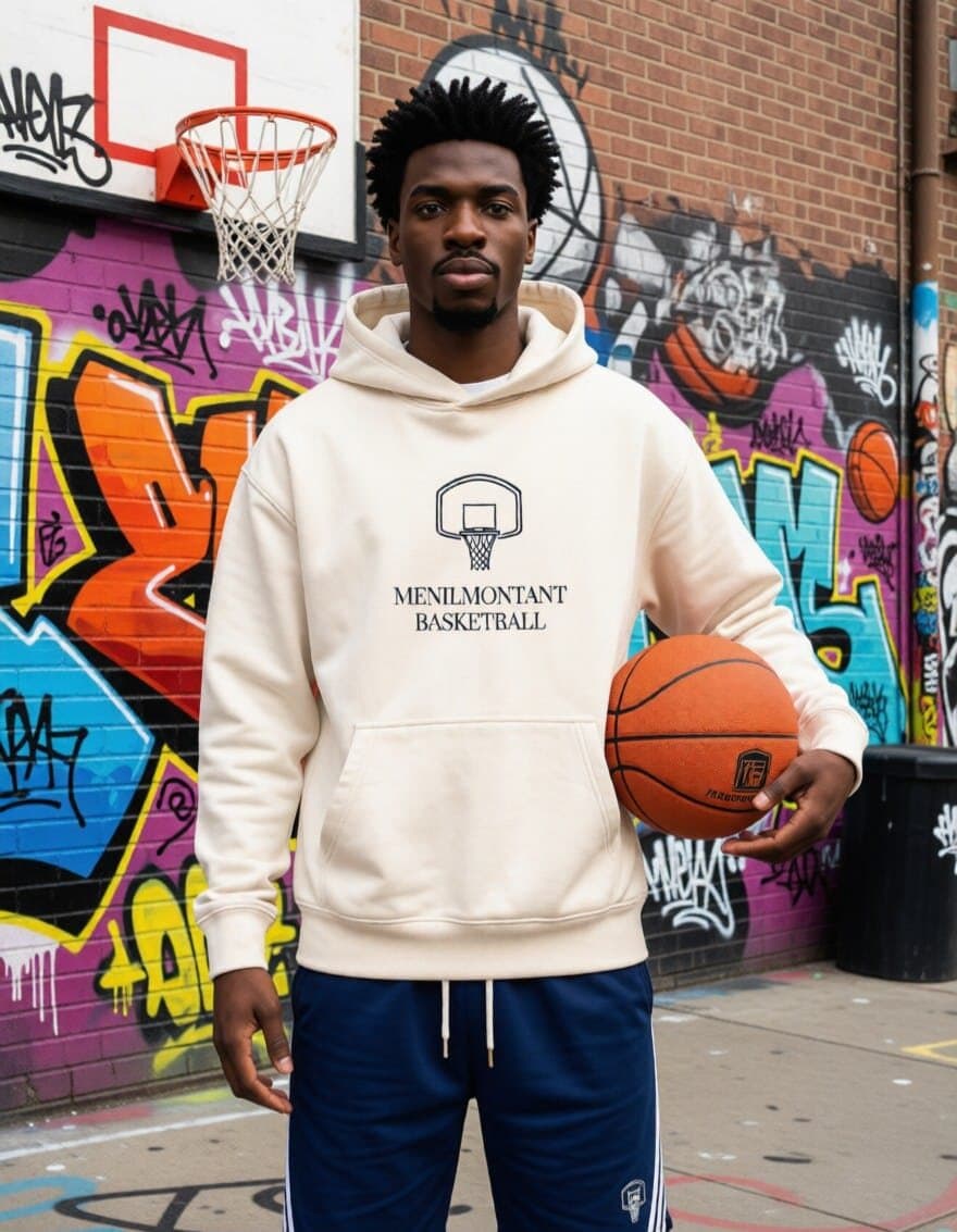 Le hoodie écru porté sur un playground